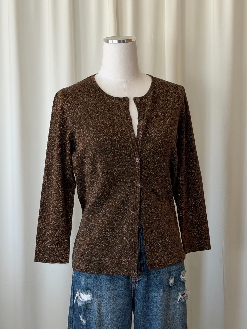 Vintage August Silk Metallic Shimmer Cardigan Knit Brown Medium.